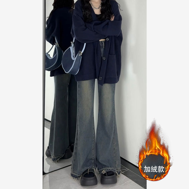 秋冬百搭神褲加絨不貼腿微喇叭牛仔褲女高腰顯瘦百搭直筒拖地褲子