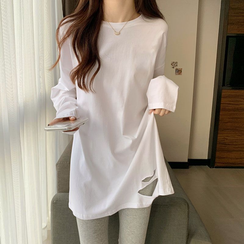 白色圆领加绒打底衫T恤秋季新款韩版设计感小众破洞长袖内搭上衣