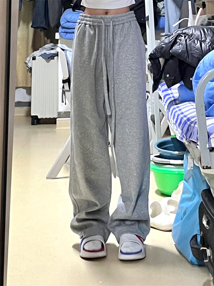Lazy style gray drapey floor-length glutinous rice pants for women, loose, slim and versatile sweatpants for autumn and winter wide-legged casual sports pants