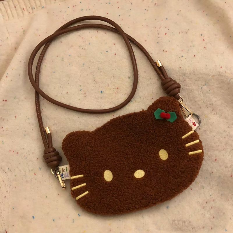 Autumn and winter new high-looking Kitty cute retro crossbody storage coin purse plush velvet bag headphone bag