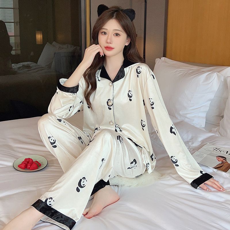 金丝绒睡衣女士春秋季新款长袖开衫卡通熊猫可外穿家居服套装