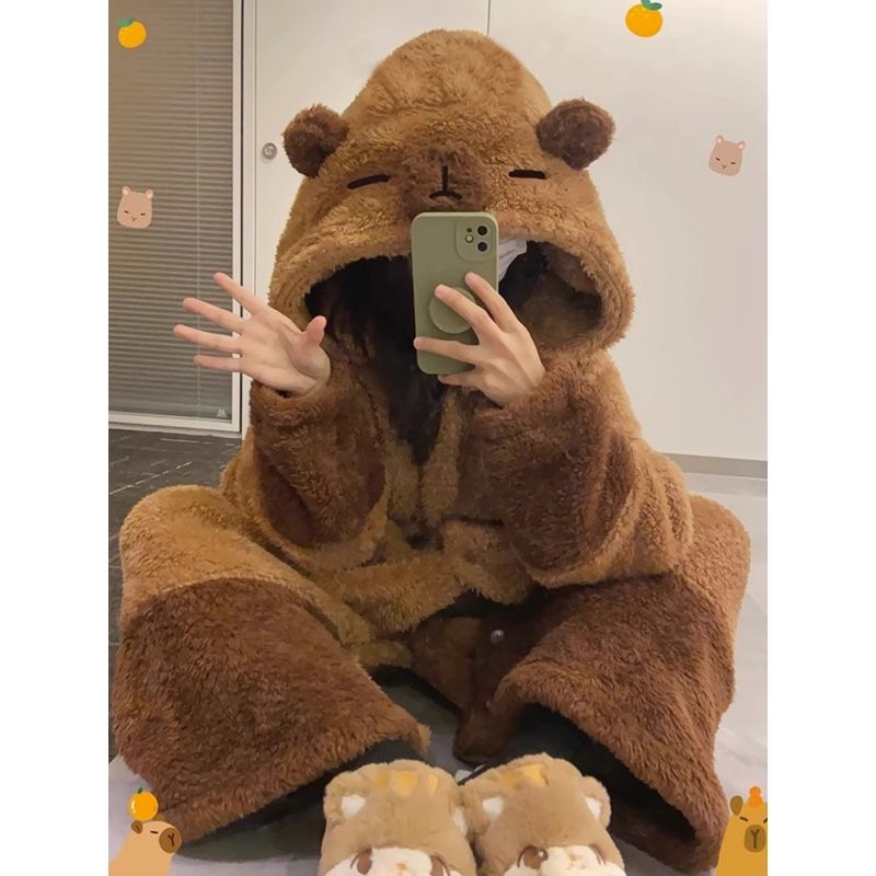 Cute Kapibara Pajamas for Women Autumn and Winter Coral Velvet New Ins Thickened Velvet Home Clothes Pajamas Set