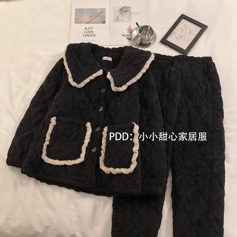 睡衣女冬季三層夾棉珊瑚絨甜美黑色娃娃領冬天加絨加厚保暖家居服