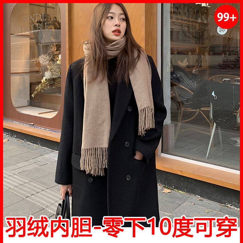 羽絨服內膽黑色正肩呢子大衣女2023年冬季新款小個子加厚毛呢外套