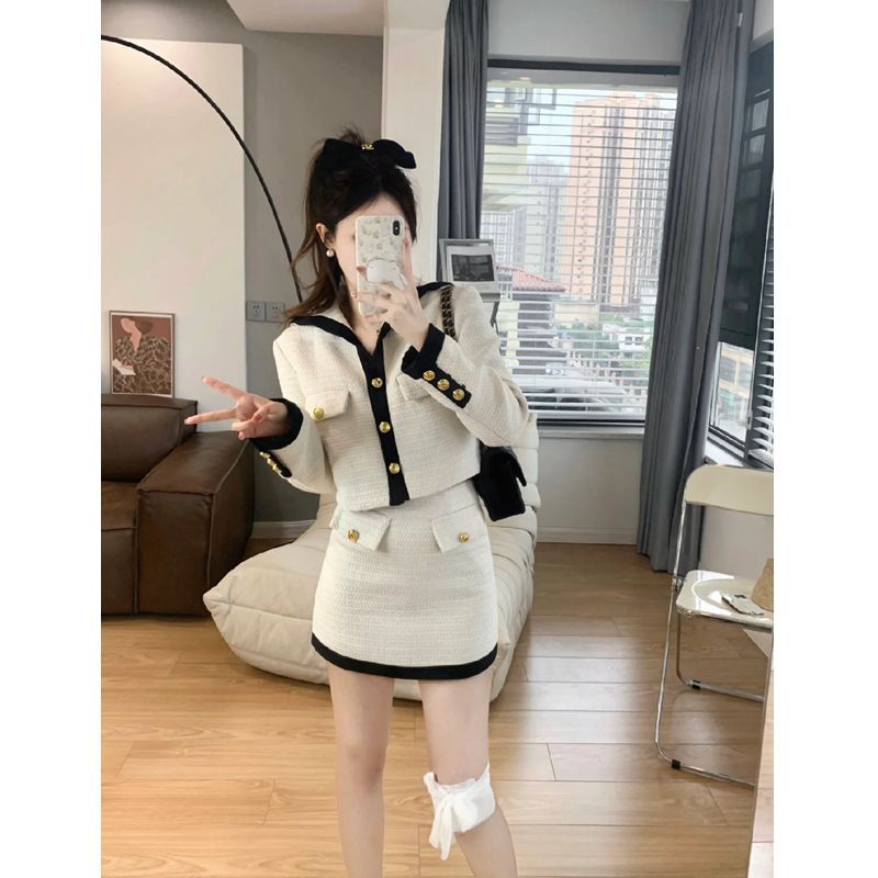 兩件套裝2023秋冬季新款小香風海軍領短款外套上衣女+高腰半身裙
