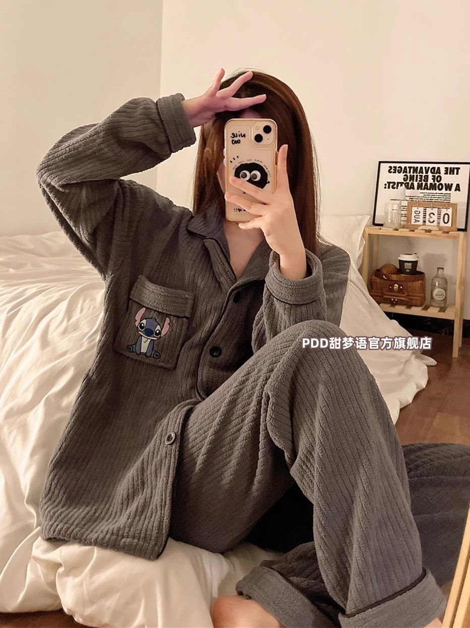 加厚珊瑚絨睡衣女秋冬款甜美少女風可愛熊貓保暖法蘭絨家居服套裝