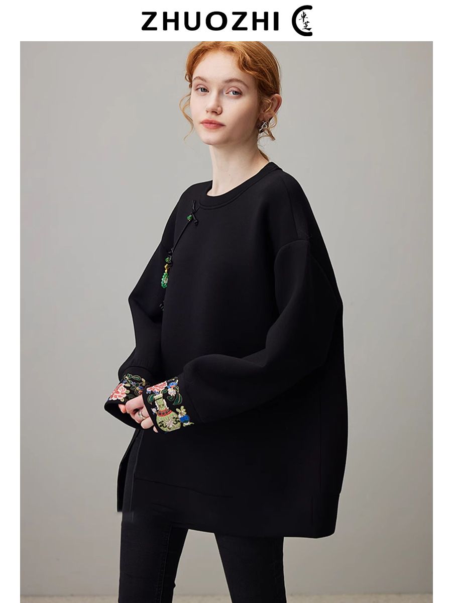 卓芝新中式國風刺繡盤扣外穿女2023冬季新款寬鬆顯瘦休閒拼接上衣