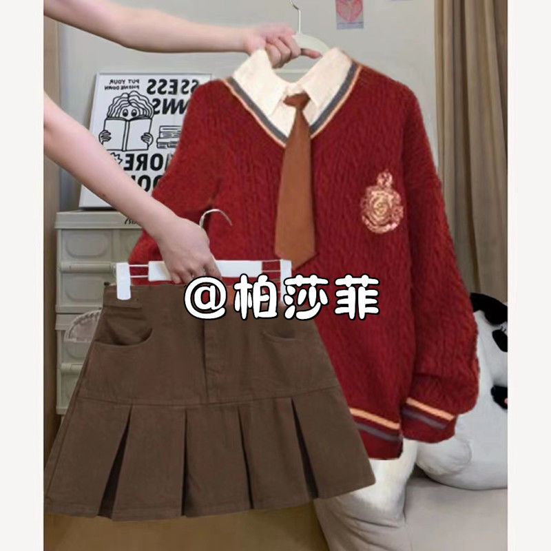 大碼女裝冬季套裝女2023新款氣質顯瘦學院風襯衫毛衣百褶裙三件套