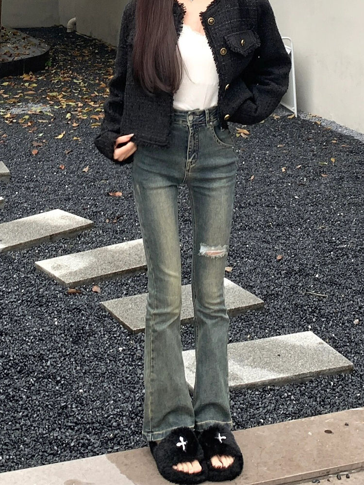 做舊破洞微喇牛仔褲女冬季新款美式辣妹彈力修身顯瘦直筒喇叭褲子