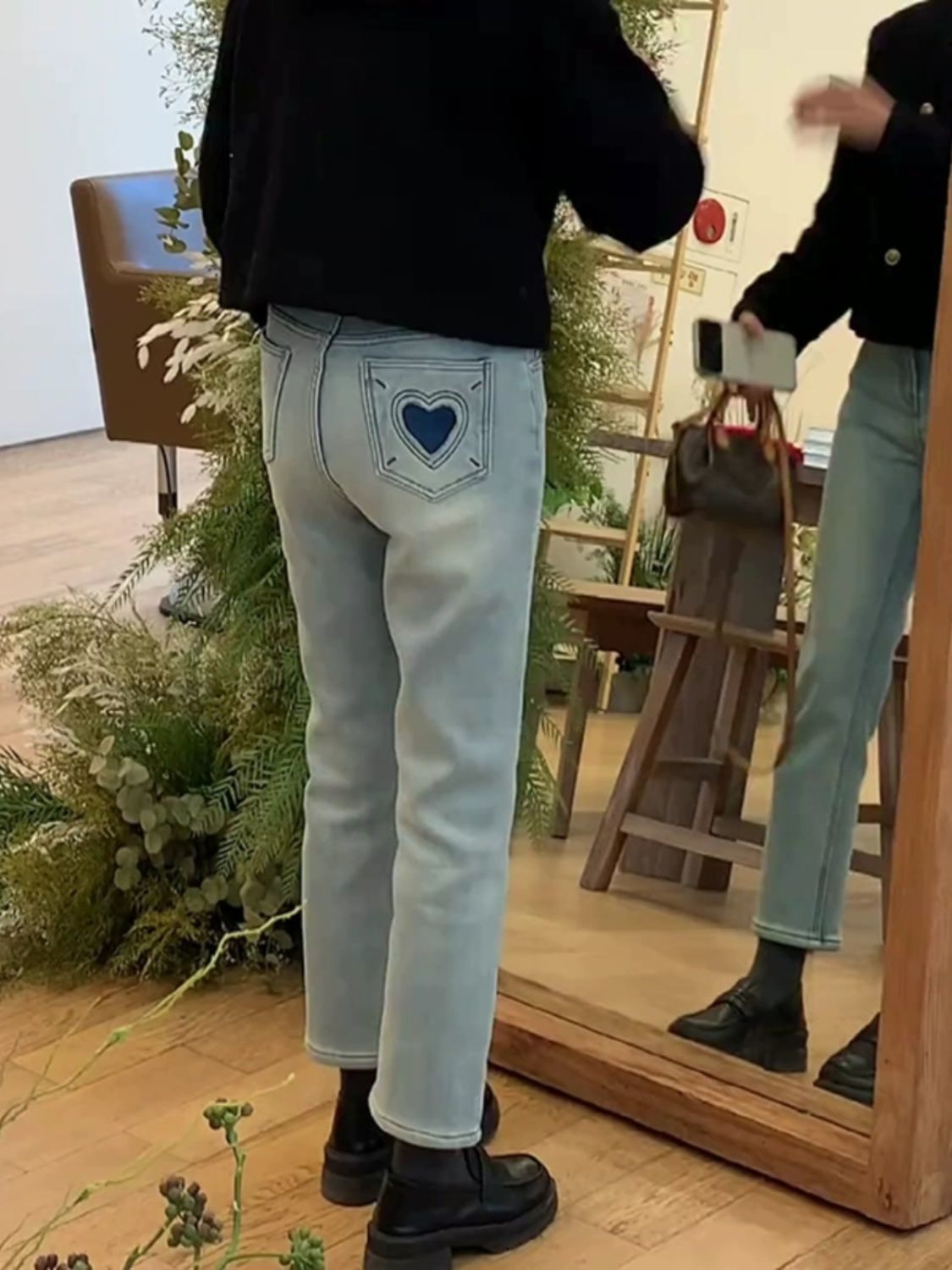 韓版淺藍色加絨牛仔褲女冬季加厚小個子高腰愛心顯瘦修身煙管褲子