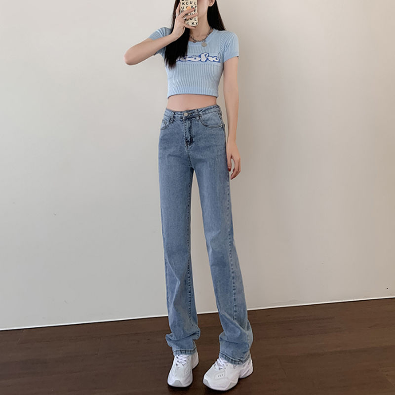 韓版百搭直筒牛仔褲女2023秋冬季新款高腰顯瘦小個子直筒牛仔褲潮