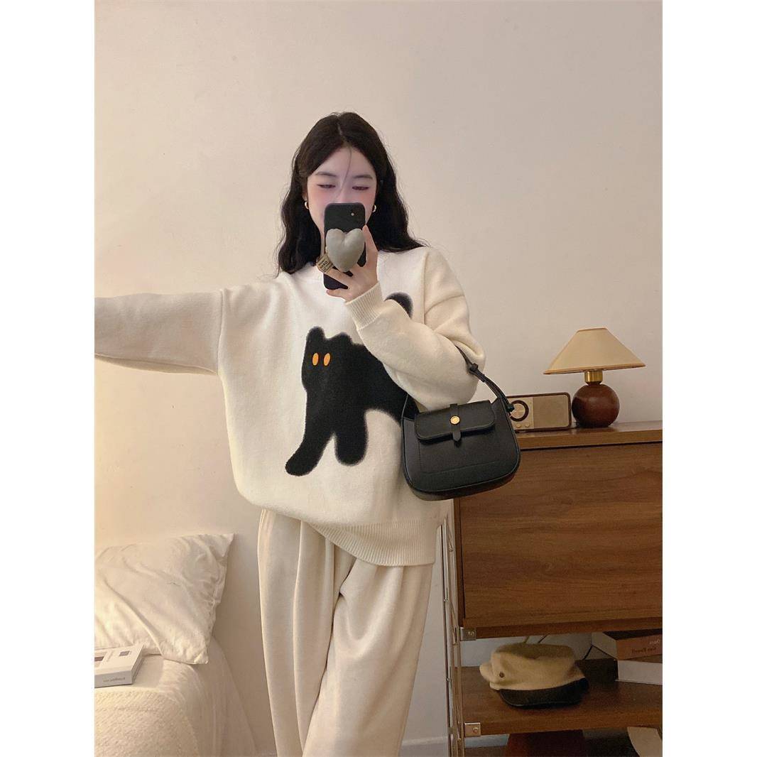 秋冬新款胖mm遮肉寬鬆軟糯慵懶保暖奶fufu黑色貓咪提花針織毛衣女