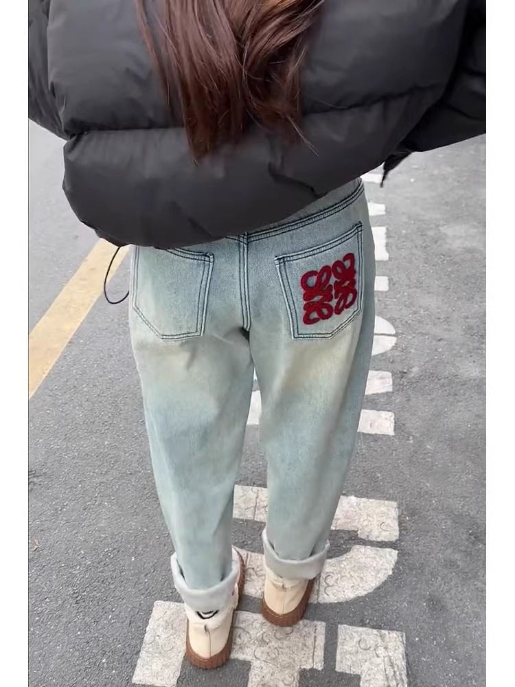 藍色加絨加厚哈倫牛仔褲女2023秋冬新款高腰顯瘦小個子九分老爹褲