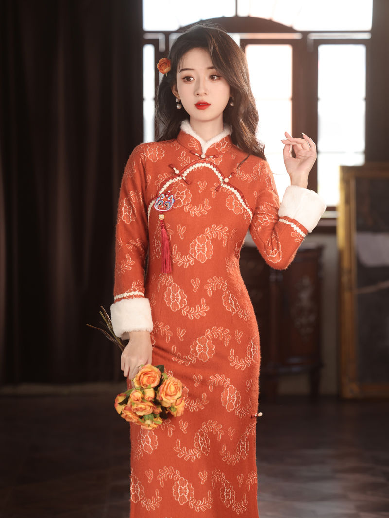 爆火拜年服2023年冬季新款加絨旗袍改良版年輕款淑女日常修身保暖