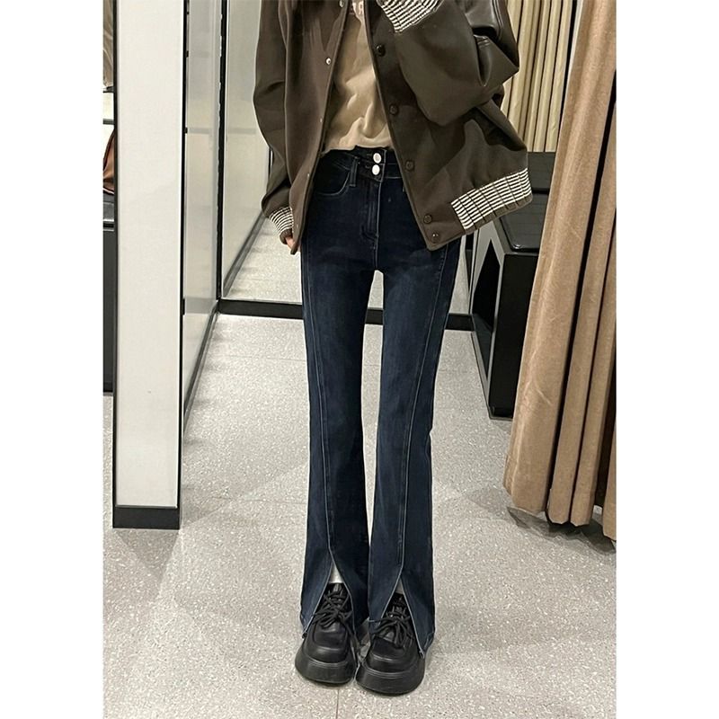 設計感高腰喇叭開叉馬蹄褲微喇褲小個子顯瘦修身牛仔褲女秋冬新款