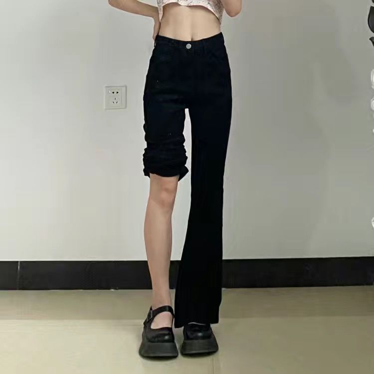 復古黑色微喇叭牛仔褲女春季ins新款高腰顯瘦百搭直筒拖地長褲子