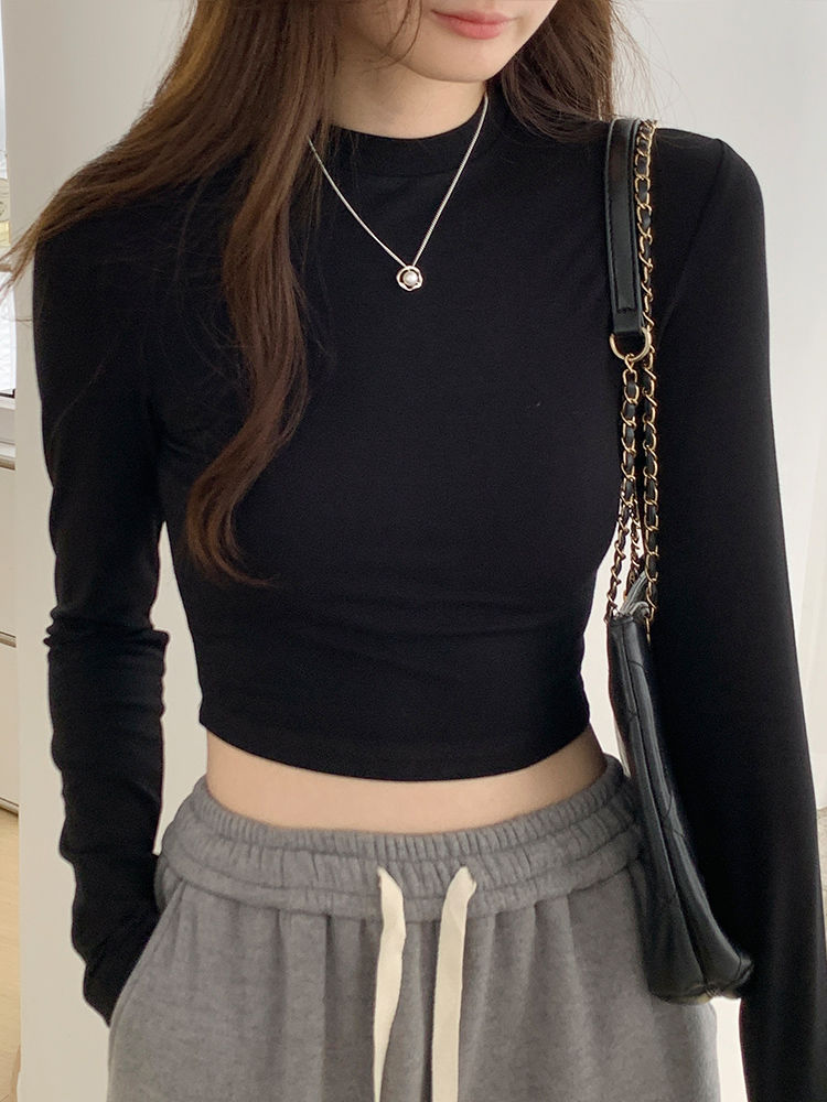 辣妹高腰黑色打底衫女春秋新款韓版修身長袖T恤內搭緊身短款上衣