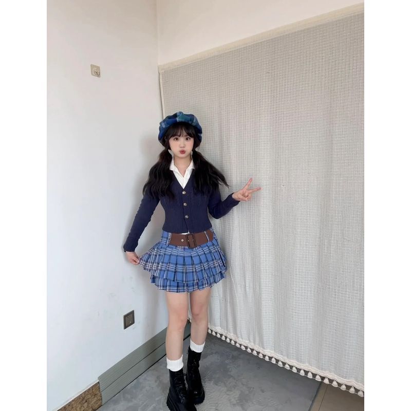 三件套女2023秋冬新款美式學院風V領修身毛衣開衫襯衫高腰半身裙