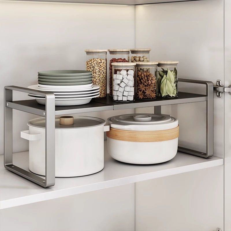 可伸缩厨房置物架台面隔板橱柜分层柜内收纳架子调料桌面单层锅架