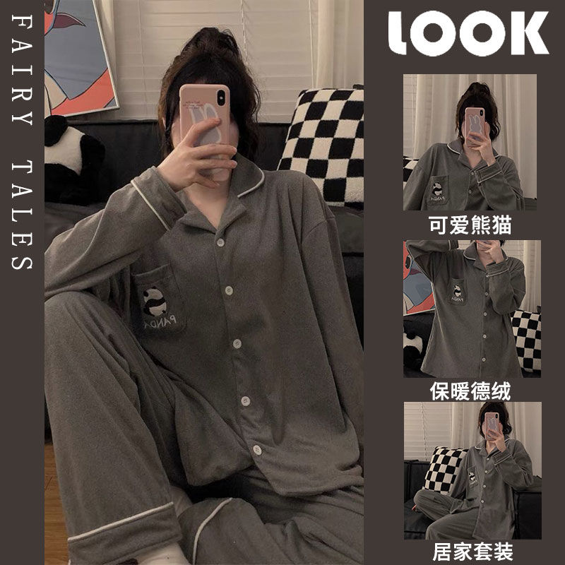 可愛熊貓睡衣女冬季加絨加厚保暖德絨網紅爆款長袖冬天居家服套裝