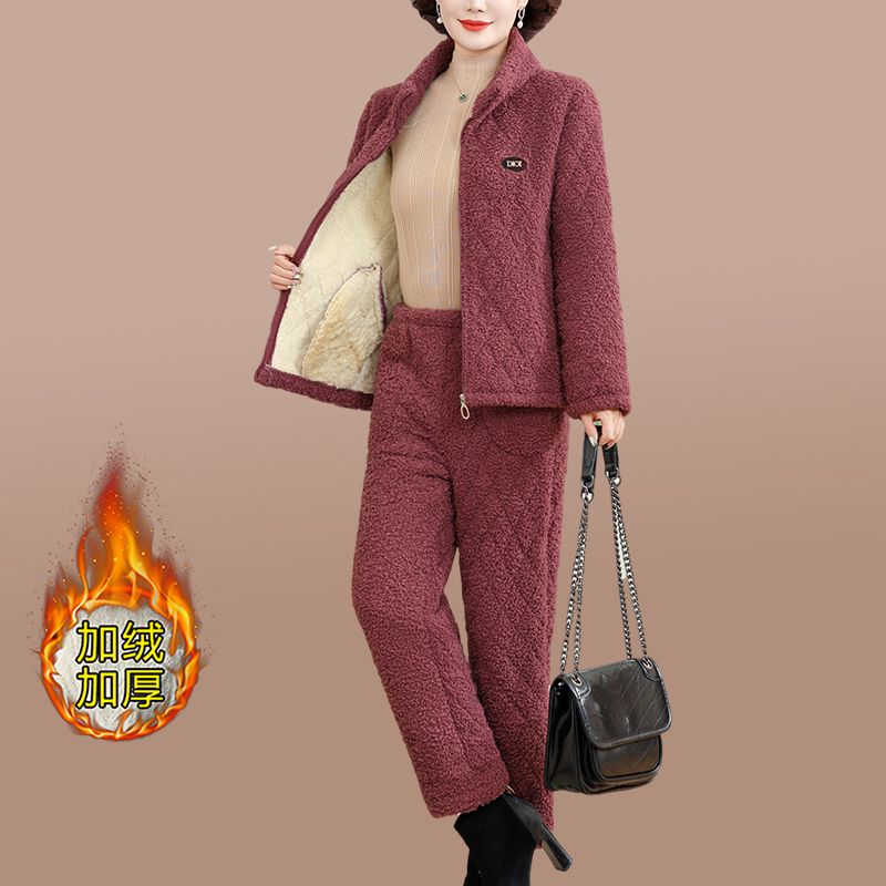 媽媽洋氣冬裝加絨加厚棉衣套裝時尚中老年女裝冬季保暖棉襖兩件套