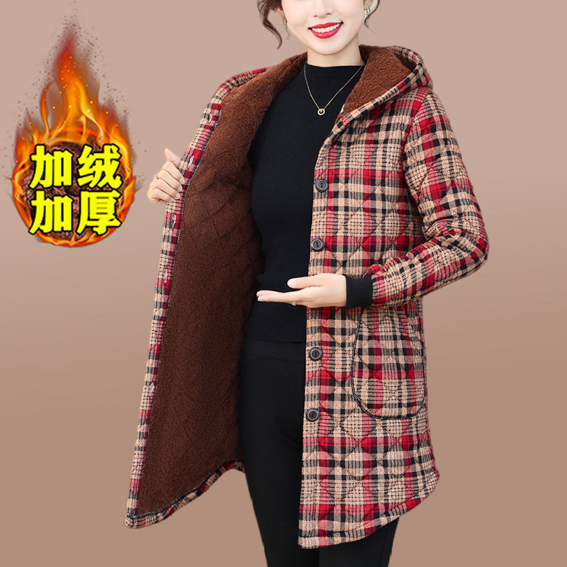 媽媽冬季中長款冬裝棉衣加絨外套新款中老年保暖加厚棉襖連帽棉服