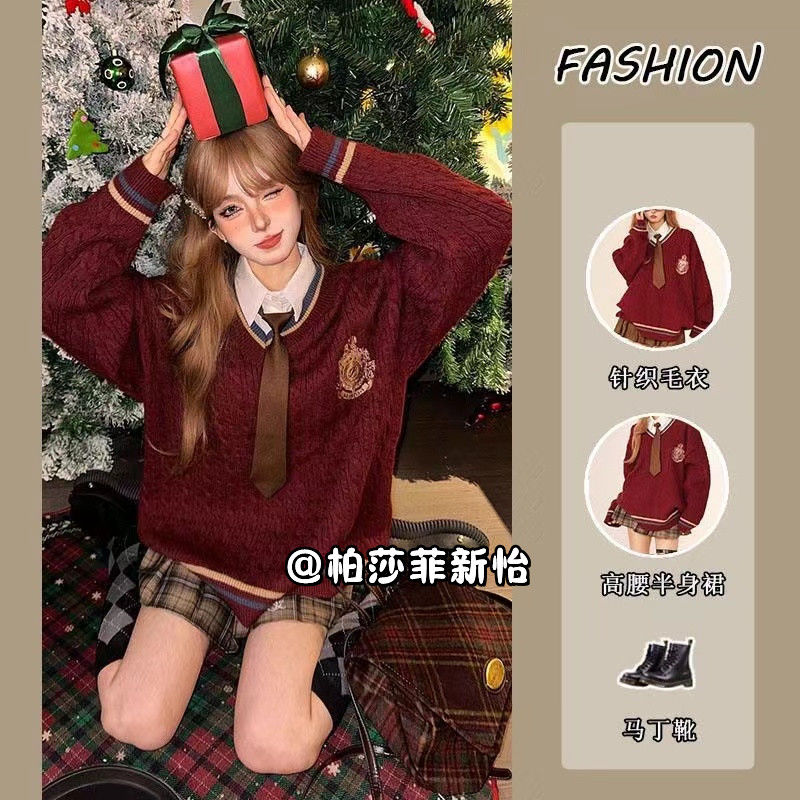 Three-piece set for women 2023 autumn and winter new college style V-neck knitted sweater layered shirt high-waisted slimming skirt