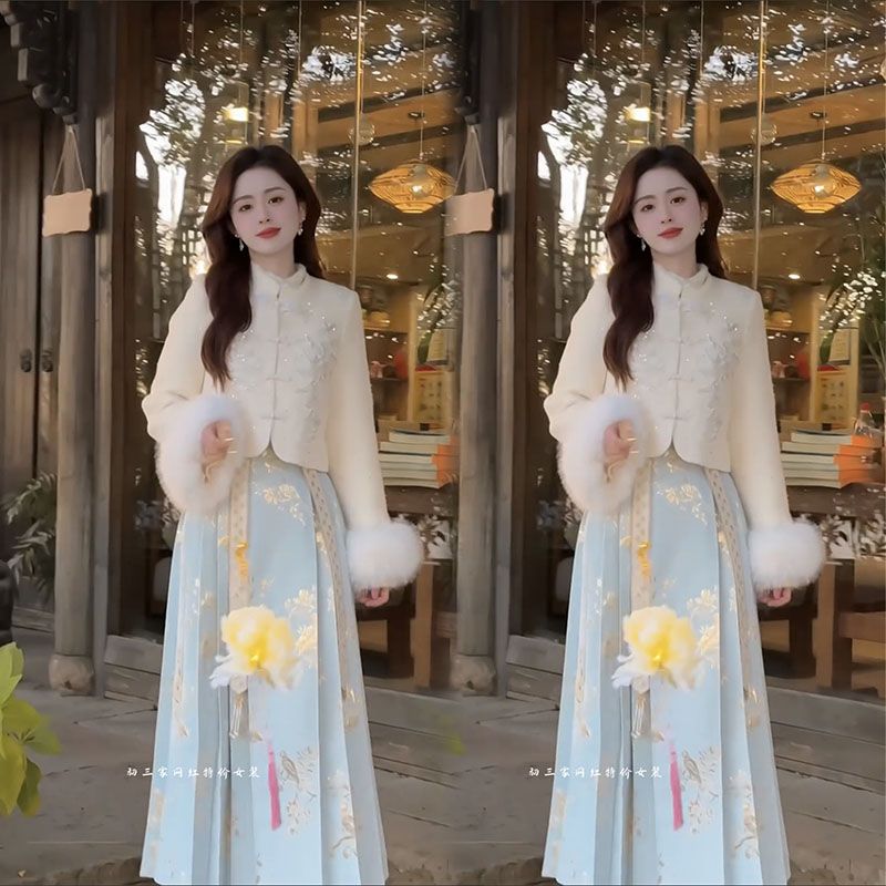 國風改良漢服馬面裙半身裙女冬季高腰百褶裙小個子日常通勤長裙子