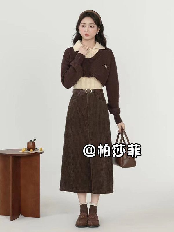三件套裝春秋新款美式復古短款針織毛衣女半身裙子A字裙百搭顯瘦