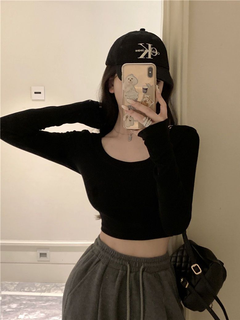 U領純色氣質T恤女早秋新款修身顯瘦短款長袖內搭打底衫甜辣小上衣