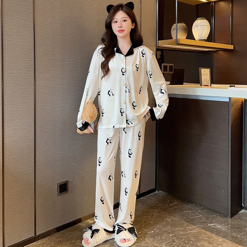 金丝绒睡衣女士春秋季新款长袖开衫卡通熊猫可外穿家居服套装