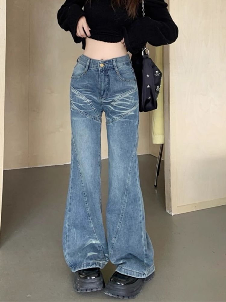 美式高街低腰微喇叭牛仔褲女秋冬新款設計感寬鬆顯瘦闊腿拖地褲子