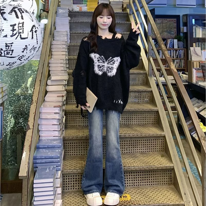 慵懶風軟糯超好看黑色蝴蝶毛衣秋冬女設計感不規則毛邊針織上衣