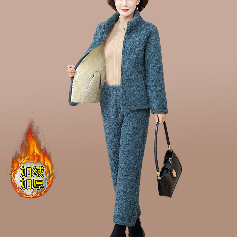 冬季新款棉襖女加絨純色棉服女套裝保暖加厚媽媽裝寬鬆顯瘦棉衣女