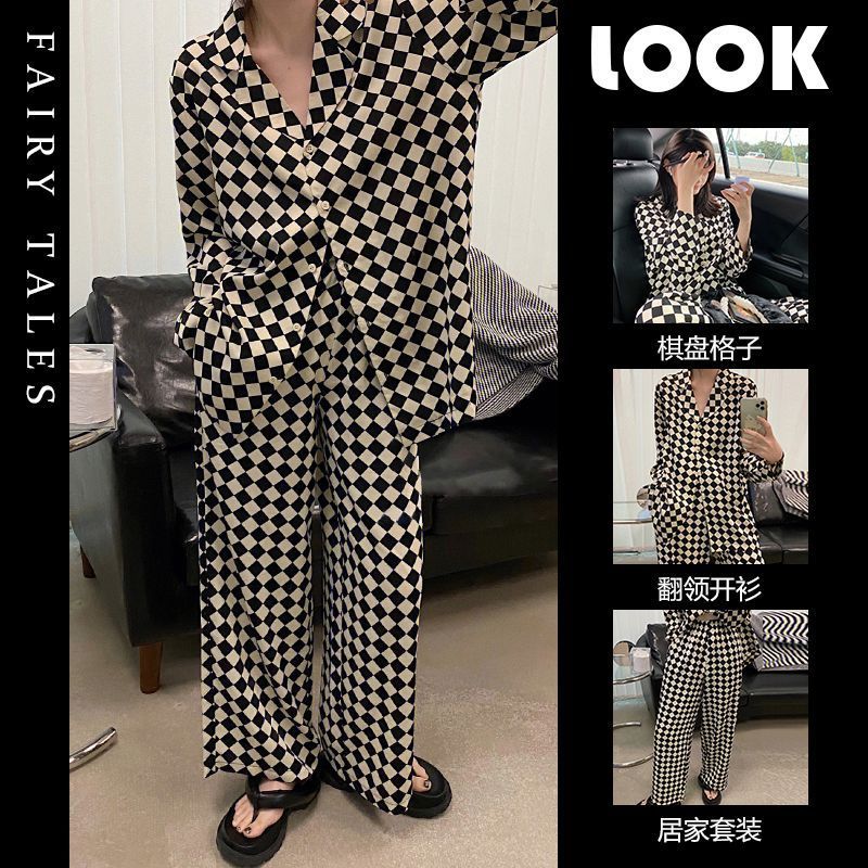 ins Korean version checkerboard plaid pajamas women's spring and autumn new style Internet celebrity style long-sleeved trousers outer wear home clothes set