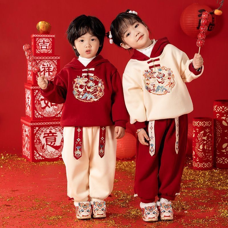 男女童冬裝拜年服刺繡套裝新款龍年加絨加厚衛衣喜慶表演服兩件套