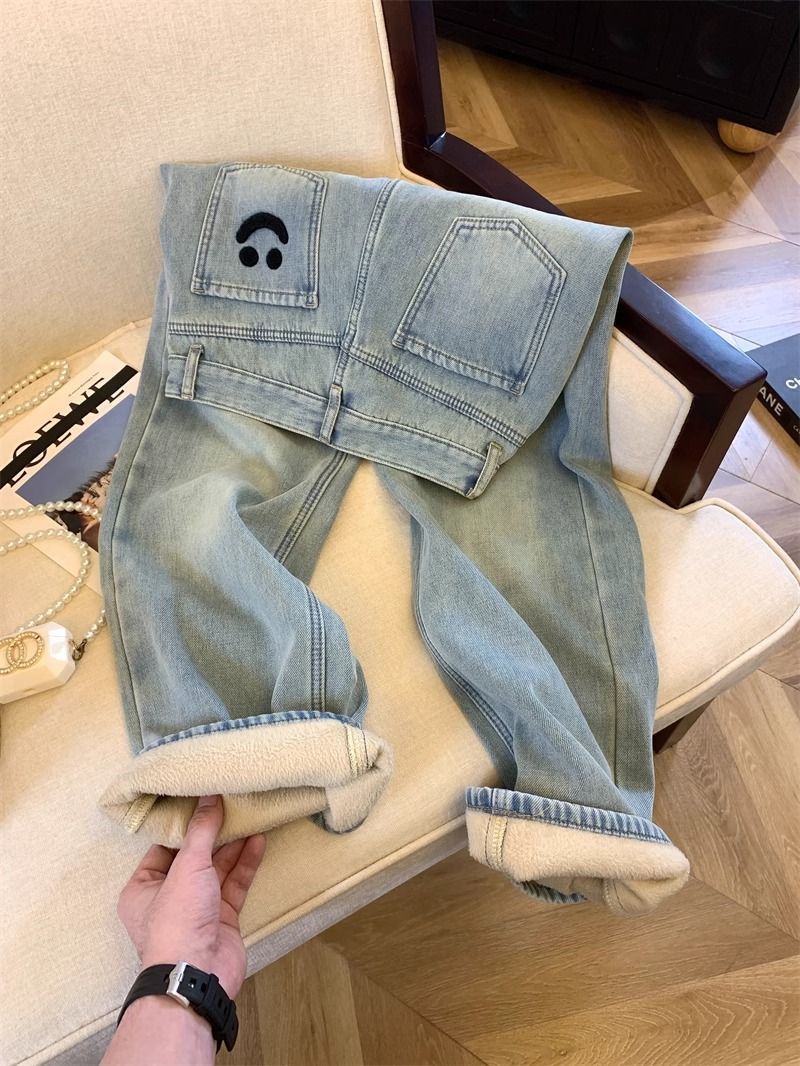 笑臉刺繡闊腿牛仔褲女加絨加厚2023秋冬寬鬆高腰窄版淺藍色直筒褲