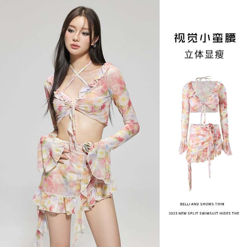 分體比基尼泳衣女2024新款純欲風花朵飄帶聚攏顯瘦遮肚泡溫泉泳裝