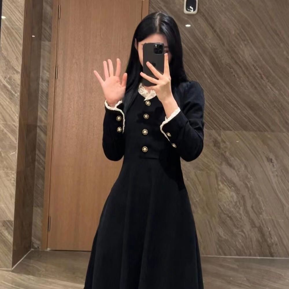 法式小香赫本風內搭連衣裙子春季女2023新款黑色小個子春秋冬長裙