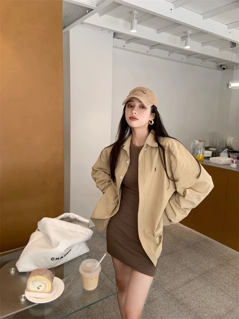 韓系復古卡其色長袖襯衫女秋季新款外搭寬鬆襯衣中長款外套上衣