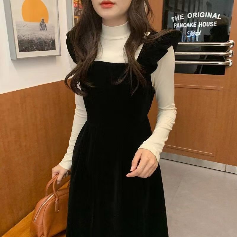 法式教資面試套裝背帶裙女2023新款秋冬內搭兩件套裙子絲絨連衣裙