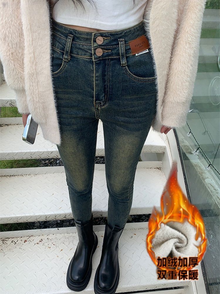 水泥灰高腰小腳牛仔褲女2023秋冬加絨加厚修身顯瘦彈力緊身鉛筆褲