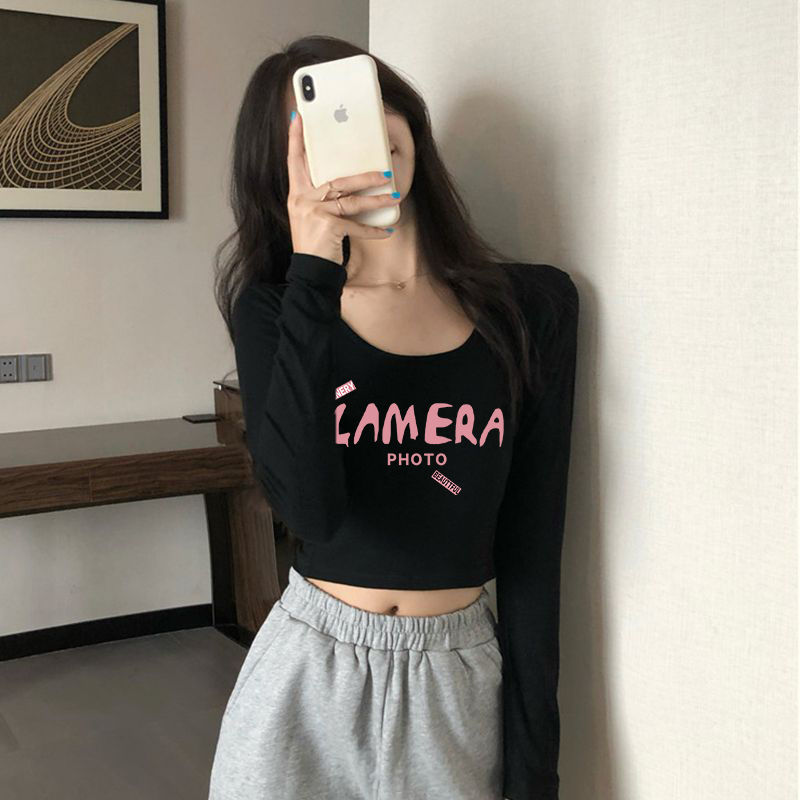 純欲風辣妹u領長袖t恤女秋季高腰露臍黑色內搭打底衫修身短款上衣