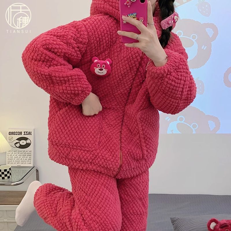 三層夾棉襖冬季女睡衣珊瑚絨加絨加厚保暖法蘭絨家居服套裝可外穿