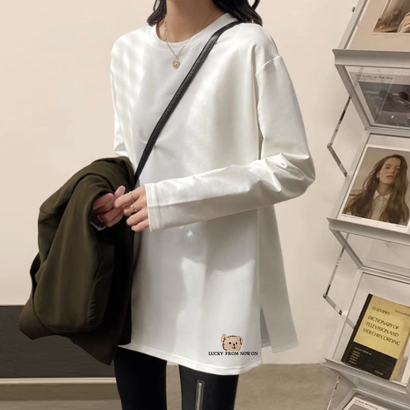 100%純棉秋冬新款中長款t恤女加絨韓版寬鬆內搭遮肉顯瘦打底衫女