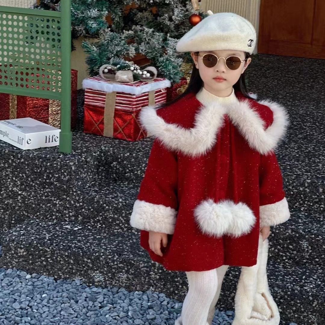 Girls' woolen coat winter Korean version  popular style red children's baby coat thickened New Year's cotton coat trend