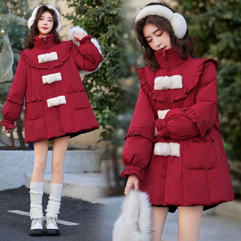立领国风圣诞款羽绒服女冬季新款木耳边红色羽绒大衣外套新年战袍