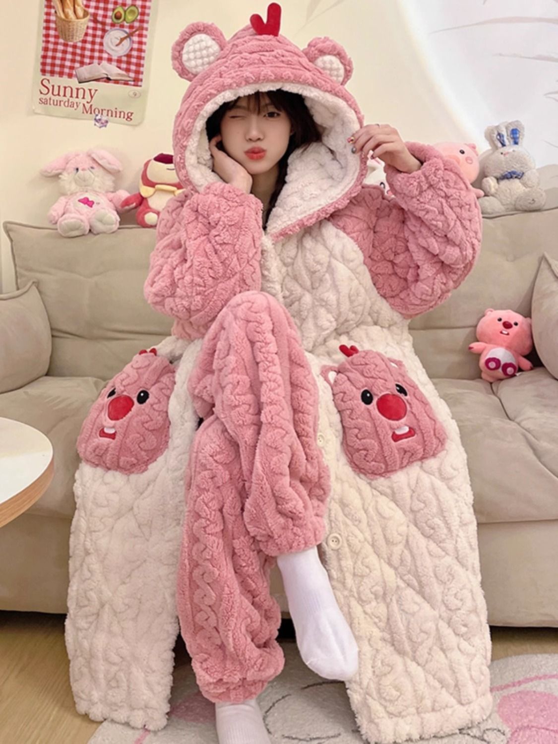 睡袍冬季天三層夾棉襖加厚加絨珊瑚絨可愛大碼家居服套裝睡衣女款
