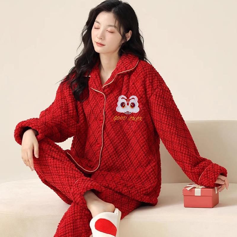 Zodiac Year Red Pajamas Autumn and Winter  New Coral Velvet Plus Velvet Thickened Warm Home Clothing Set for Women