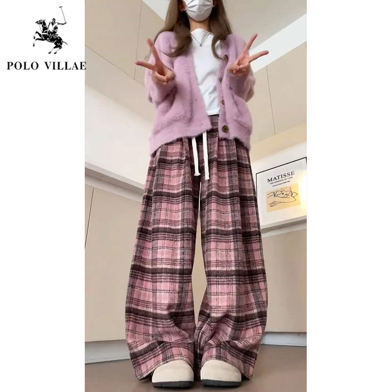 High-waisted pink plaid trousers for women, casual retro autumn and winter plus velvet, loose and drapey trousers for small people